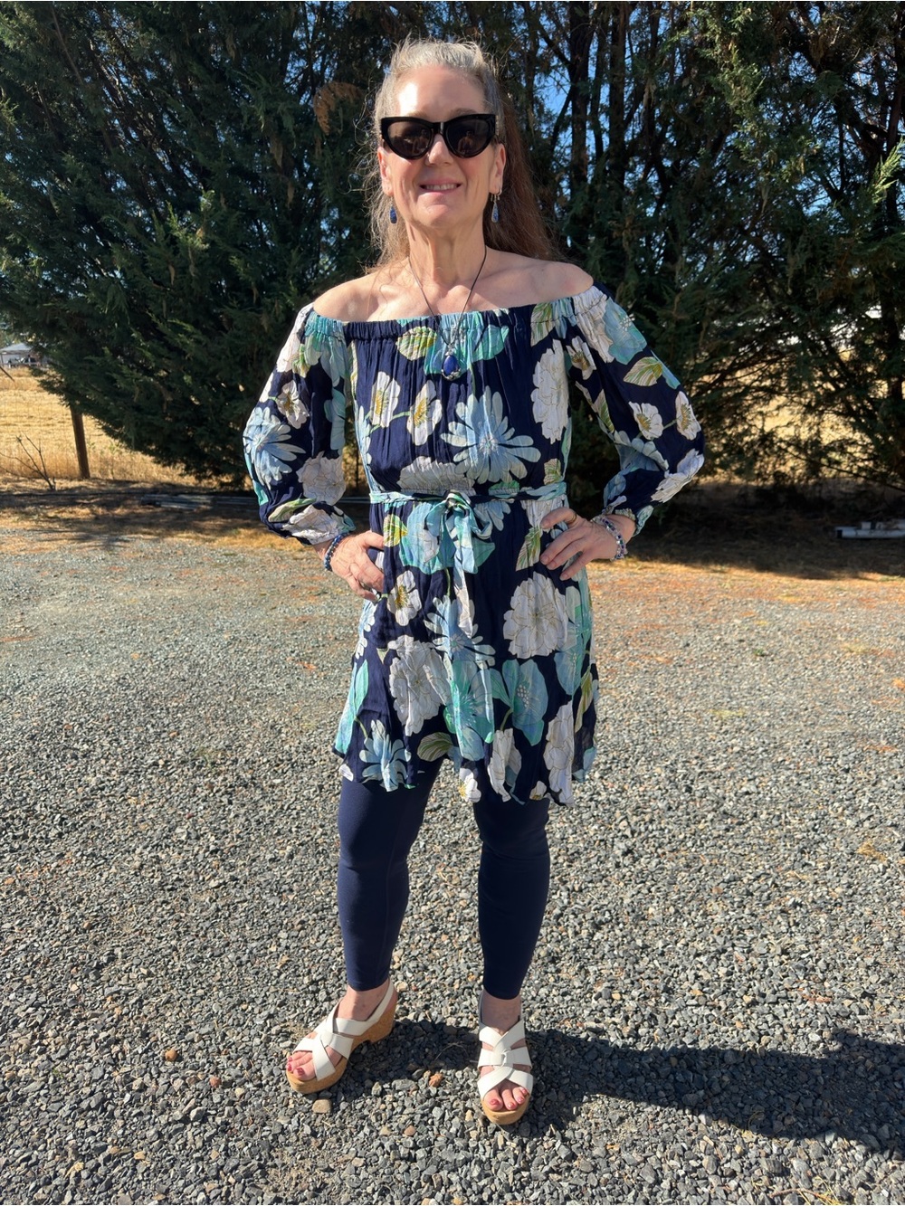 LOFT Navy Floral On OR Off-Shoulder Long Sleeve Mini Dress